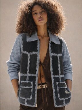 Vintage Suede Patchwork Jacket Blue Knit Zip Cardigan 70s Boho M